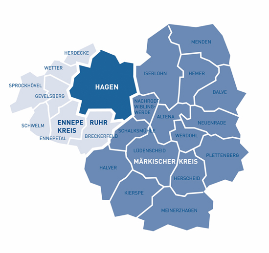 Karte vom Bezirk der S&uuml;dwestf&auml;lischen Industrie- und Handelskammer zu Hagen
