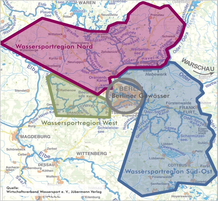 Karte der Einteilung der Berlin-Brandenburger Wassersportregionen.