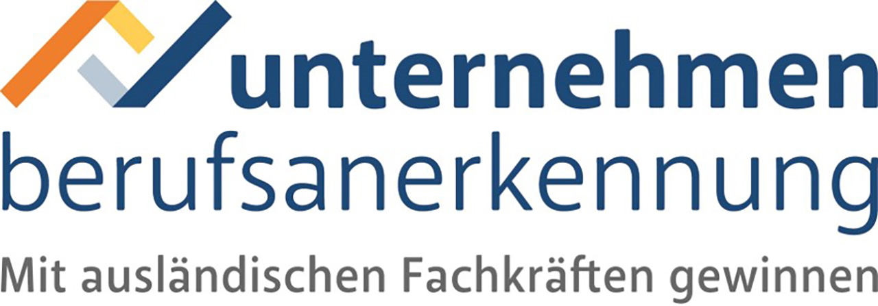 Logo mit der Aufschrift Unternehmen Berufsanerkennung. Mit ausländischen Fachkräften gewinnen.