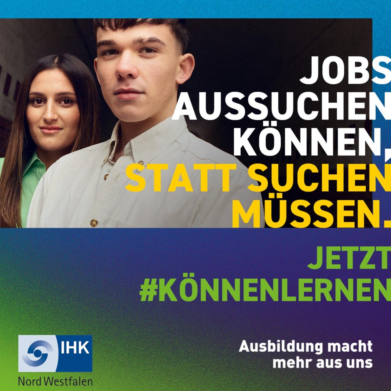 Grafik mit einer jungen Frau und einem jungen Mann. Text "Jobs aussuchen können, statt suchen müssen". 