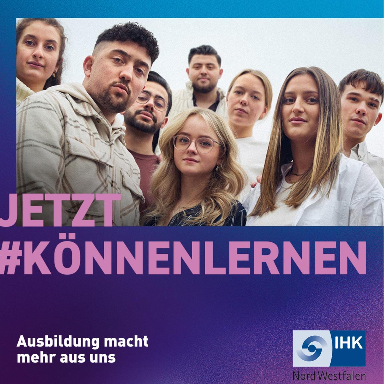 Grafik mit dem Foto einer Gruppe junger Menschen. Schriftzug "Jetzt #könnenlernen"
