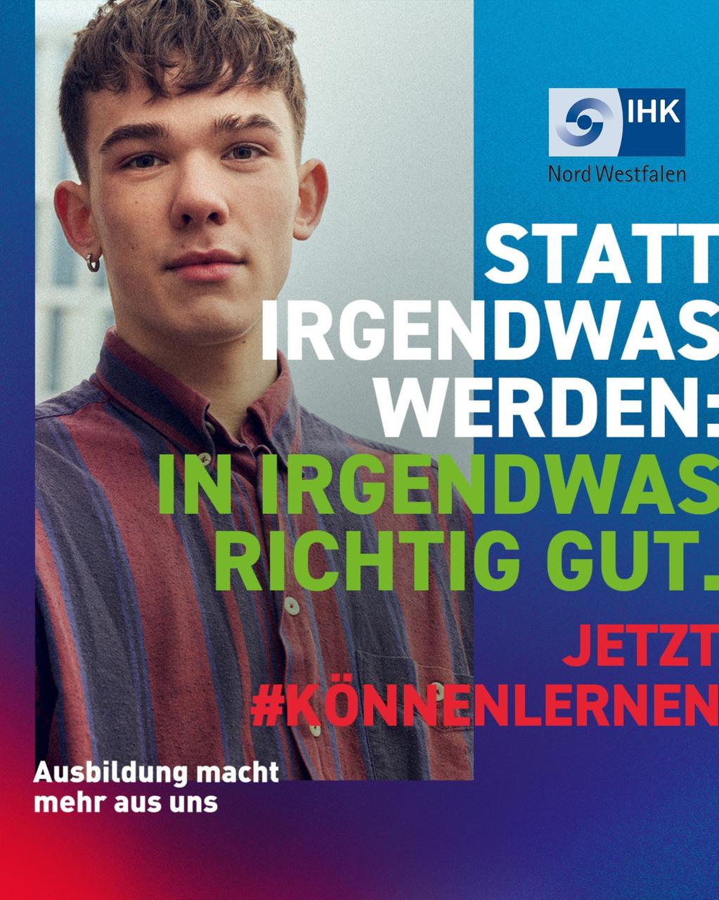 Grafik mit dem Foto eines jungen Mannes. Text "Statt irgendwas werden: In irgendwas richtig gut."