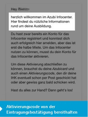 Screenshot Azubi-Infocenter Aktivierungscode bereithalten