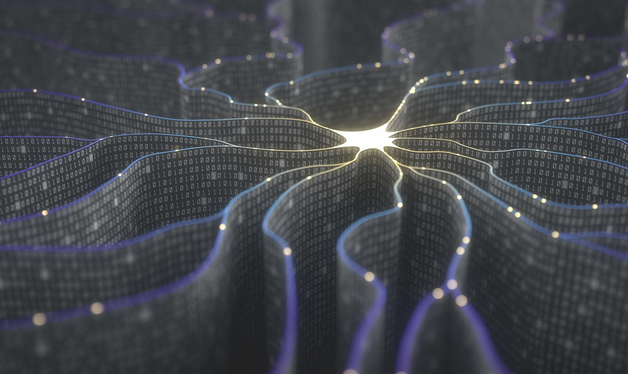 Ein neuronales Netzwerk aus einsen und nullen steht für Künstliche Intelligenz.