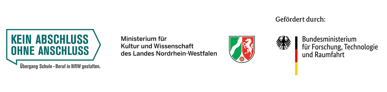 Die Logos von Kein Abschluss ohne Anschluss, Ministerium für Kultur und Wissenschaft des Landes NRW und BMFT nebeneinander.