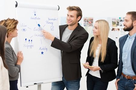 Junge Menschen stellen eine Pr&auml;sentation zum Thema Existenzgr&uuml;ndung am Flipchart vor