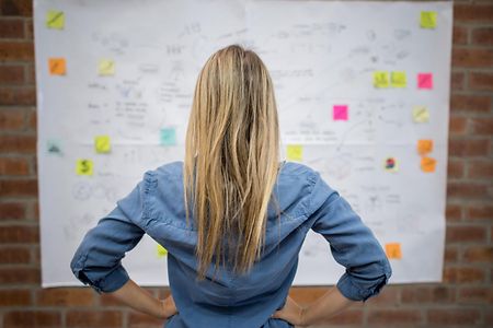 Business woman looking at a wall chart