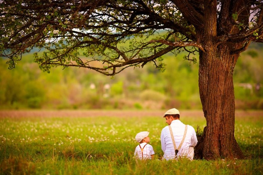Vater und Sohn sitzen auf einer Gr&uuml;nen Wiese neben einem Baum