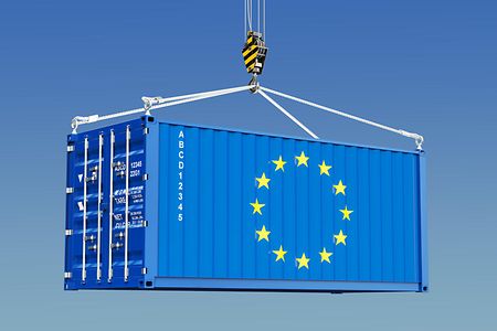 Cargo container with EU flag hanging on the crane hook against blue sky, 3d rendering