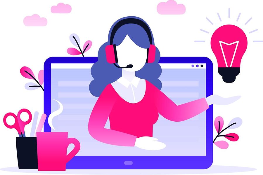 Diese Grafik zeigt eine Frau mit Headset im Screen eines Laptop. Das Bild steht für einen Hotlineservice