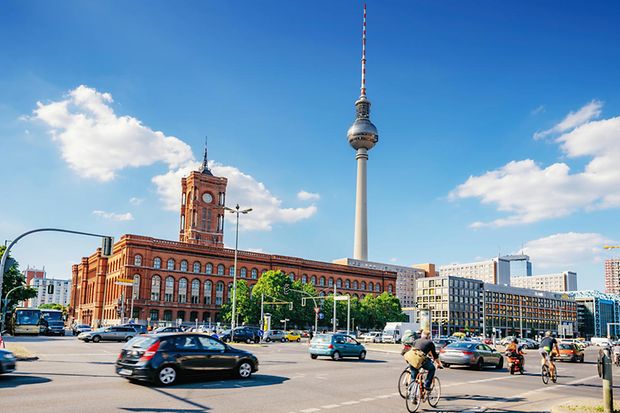 traffic in front of Red Rathaus in Berlin and TV-Tower