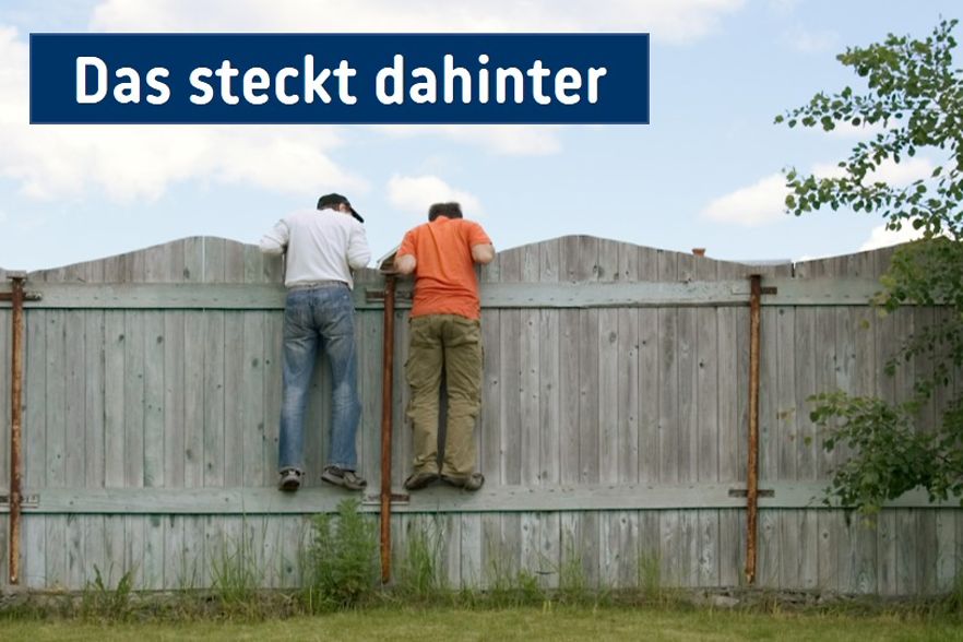 zwei Jungen schauen &uuml;ber einen hohen blickdichten Holzzaun