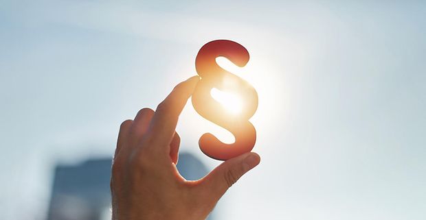 jemand hält einen Paragrafen in die Höhe. Die Sonne steht im Gegenlicht
