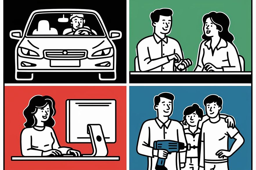 Collage von T&auml;tigkeiten, die man in einem Job machen kann: Mit dem Auto unterwegs sein, Beratungsgespr&auml;che f&uuml;hren usw.