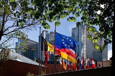 Flags in front of European Parliament, Brussels