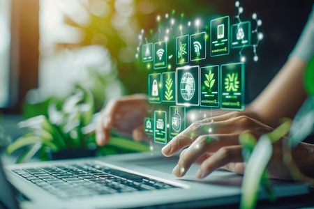 Umweltmanagmentsystem Laptop mit vielen Symbolen zum Thema Umwelt