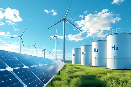 H2 hydrogen tank, solar panels and wind power turbines, 3d rendering