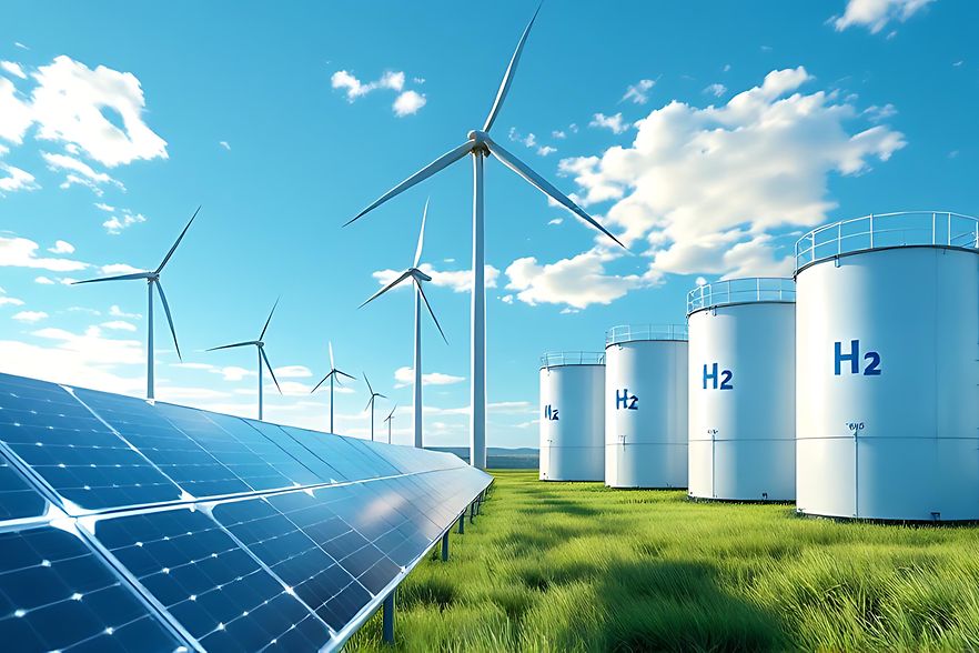 H2 hydrogen tank, solar panels and wind power turbines, 3d rendering