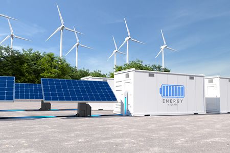 Energy storage systems with wind turbines and solar farms, Green alternative energy, Net zero emissions concept. 3D illustration