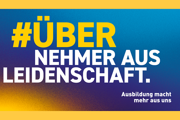 &Uuml;bernehmer aus Leidenschaft-Slogan auf buntem Hintergrund