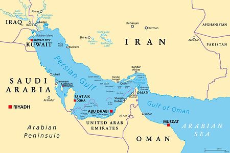 Karte des Persischen Golfs mit Iran, Saudi-Arabien und Emiraten.
