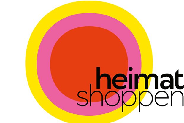 Logo der Iniative &bdquo;Heimat shoppen&ldquo; mit farbigen Kreisen in Gelb, Rosa und Rot und schwarzer Schrift.