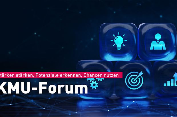 Titelbild der Veranstaltung mit Icons zu Ideen, Zielen und Wachstum, Text: &bdquo;KMU-Forum&ldquo;.