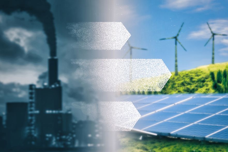 Symbolbild: &Uuml;bergang von Industrie zu erneuerbarer Energie