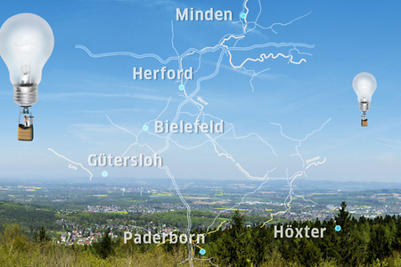 Karte von OWL mit Gl&uuml;hbirnen-Hei&szlig;luftballons.