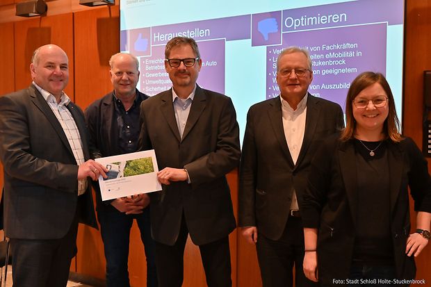 F&uuml;nf Personen stehen vor einer Leinwand mit einer Pr&auml;sentation zur Standortumfrage 2022.