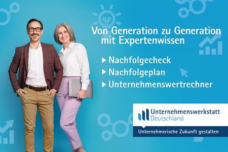 Werbegrafik Unternehmenswerkstatt mit Infos zum Nachfolgecheck.