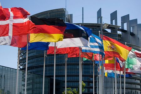 Verschiedene L&auml;nderfahnen vor dem Geb&auml;ude des EU-Parlaments