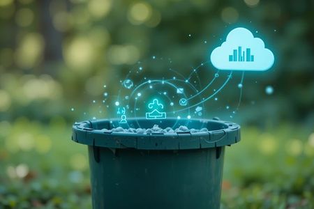 Gr&uuml;ner M&uuml;lleimer mit digitaler Recycling-Grafik.