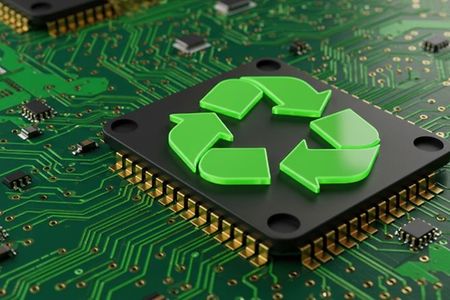 Mikrochip mit Recycling-Symbol auf Leiterplatte.