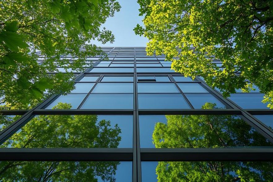 Blick auf eine moderne Glasfassade, in der sich gr&uuml;ne B&auml;ume spiegeln.