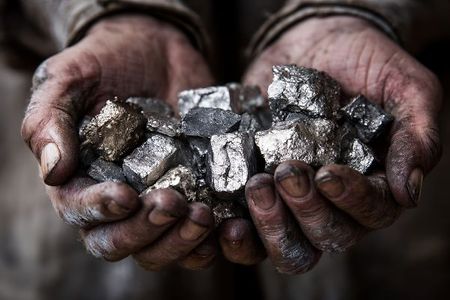 Verschmutzte H&auml;nde halten gl&auml;nzende Metallbrocken.