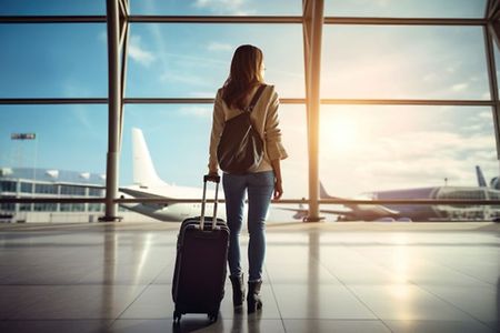 Reisende Frau mit Koffer am Flughafen