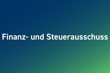 Grafik mit der Aufschrift &bdquo;Finanz- und Steuerausschuss&ldquo; auf blau-gr&uuml;nem Hintergrund.