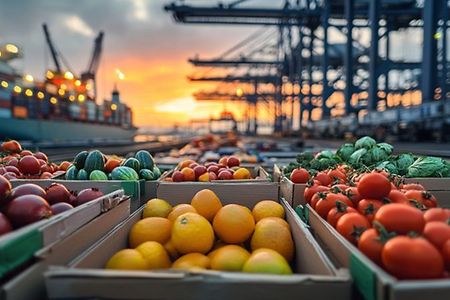 Kisten mit frischem Obst und Gem&uuml;se auf einem Hafen-Gel&auml;nde bei Sonnenuntergang.