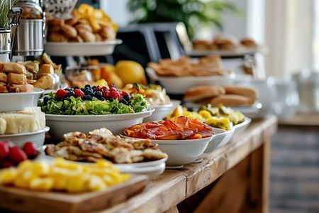Buffet mit Obst, Gem&uuml;se, K&auml;se und Geb&auml;ck.