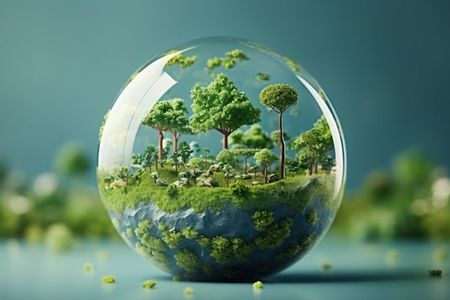 Glaskugel mit B&auml;umen und Natur als Symbol f&uuml;r Umweltschutz.
