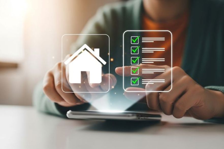 Symbolfoto einer Person, die auf Tablet eine Immobilien-Checkliste bedient