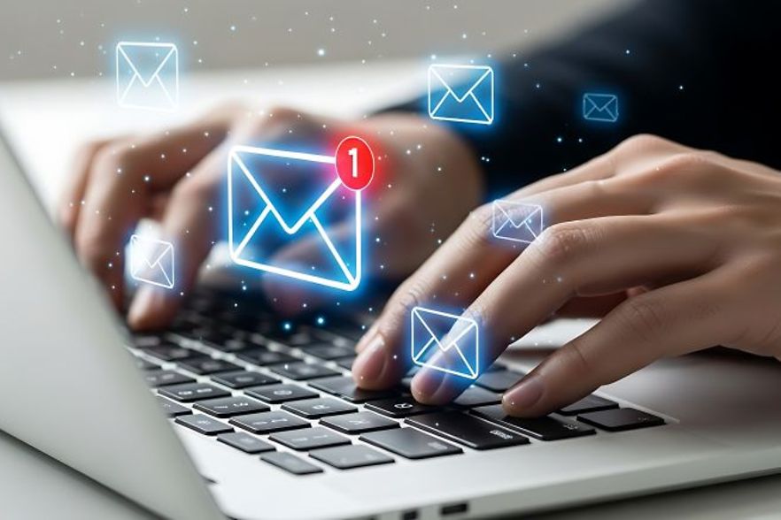 H&auml;nde tippen auf einer Laptop-Tastatur mit schwebenden E-Mail-Symbolen.