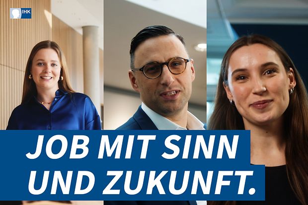Vier Personen mit Text „Job mit Sinn und Zukunft. Jetzt bewerben!“ und IHK-Logo