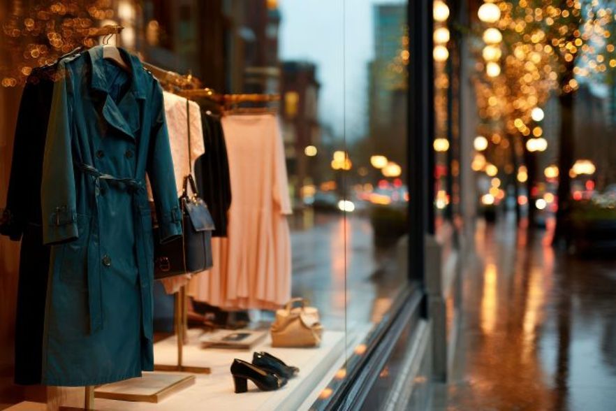 Schaufenster eines Modegesch&auml;fts mit elegant pr&auml;sentierter Kleidung und Accessoires an einem regnerischen Abend.