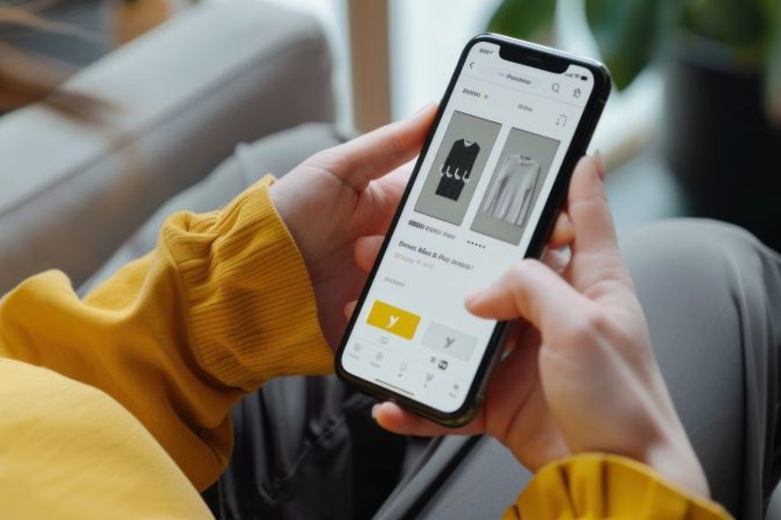 Person h&auml;lt ein Smartphone und st&ouml;bert in einem Online-Shop f&uuml;r Kleidung.