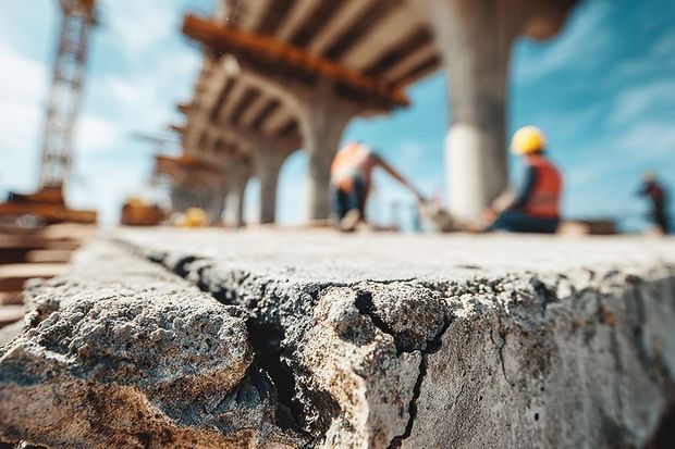 Detailaufnahme von besch&auml;digtem Beton auf einer Baustelle, im Hintergrund unscharf Br&uuml;ckenpfeiler und Bauarbeiter.