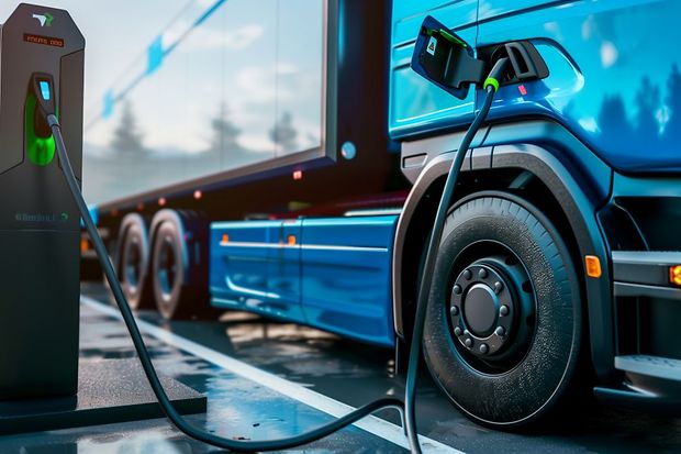 Elektro-Lkw wird an einer Ladestation aufgeladen.