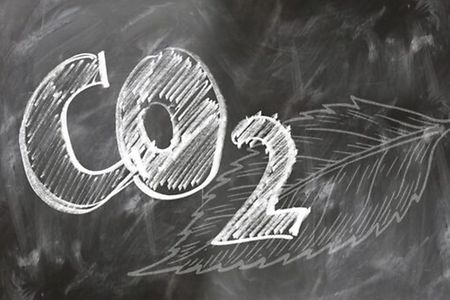 CO₂-Formel mit Blatt-Skizze auf schwarzer Tafel
