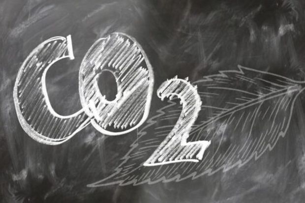 CO₂-Formel mit Blatt-Skizze auf schwarzer Tafel
